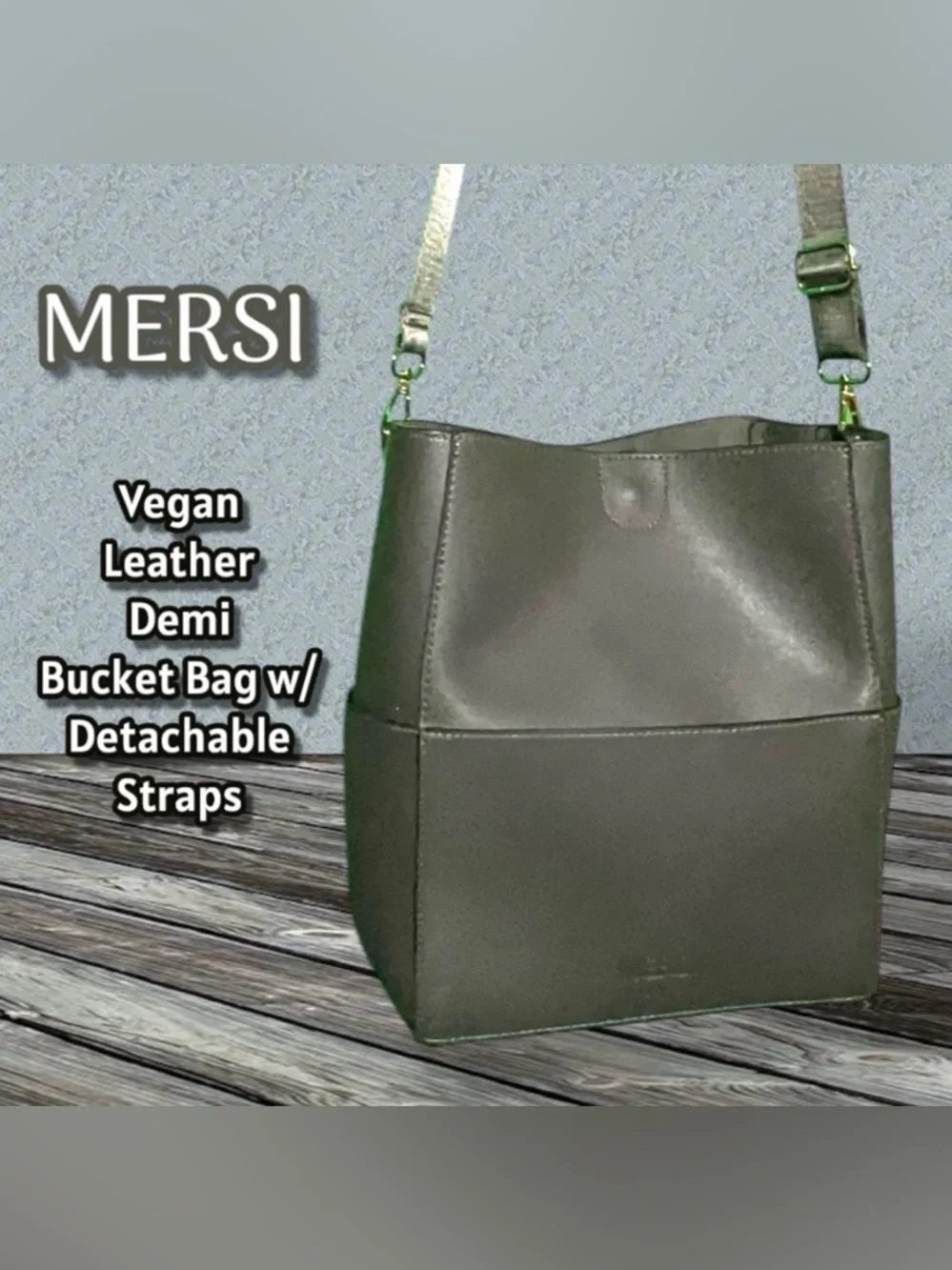 Mersi Vegan Leather Demi Bucket Bag With Detachable Straps Gray